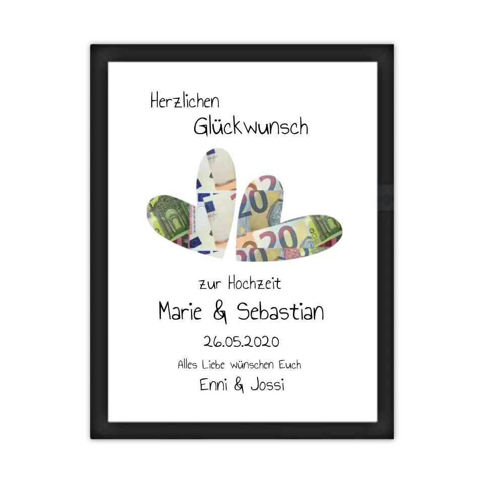 Personalisierte Hochzeitsgeschenk-Idee im Bilderrahmen mit Geldschein-Herzen und Glückwunschtext