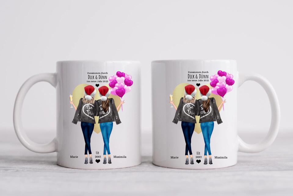 DICK & DÜNN 2 Beste Freundinnen Geschenk Tasse personalisiert, Kaffeebecher Schwester, Weihnachtsgeschenk