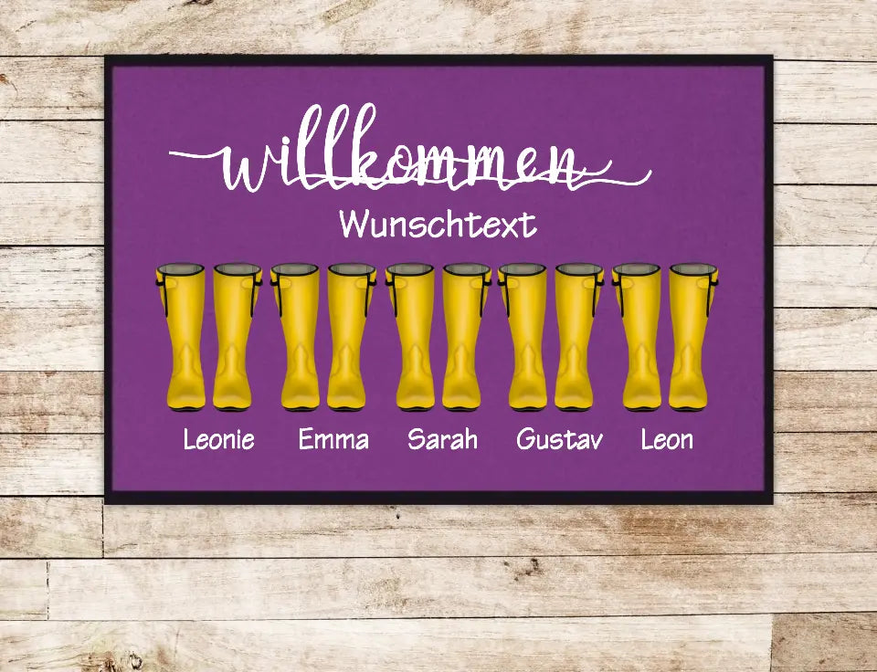 Personalisierte Fußmatte Geschenk Familie Fußabstreicher Gummistiefel mit Name Familienmitglieder Wunschtext