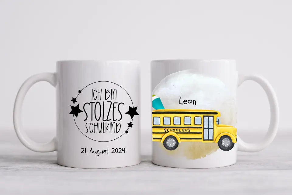 Schulkind 2024 | Kindertasse Geschenk zur Einschulung Tasse Schulbus personalisiert | Einschulungsgeschenk