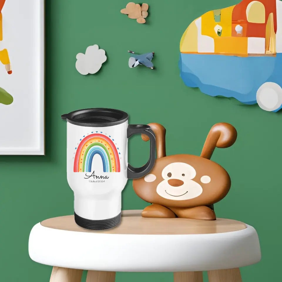 Personalisierter Becher Kinder aus Edelstahl mit Regenbogen Namen und Text | Kinderbecher Geschenk Einschulung & Geburtstag | Edelstahl-Thermobecher für Kinder personalisiert