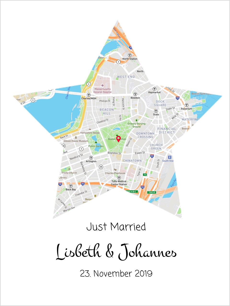 "Just Married" personalisiertes Hochzeitsgeschenk | Koordinaten Poster Stern im Stadtkarte Design | Geschenkidee