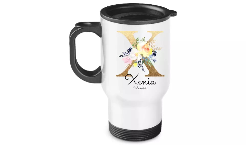 Personalisierter Becher aus Edelstahl mit Buchstabe / Monogramm, Namen und Text