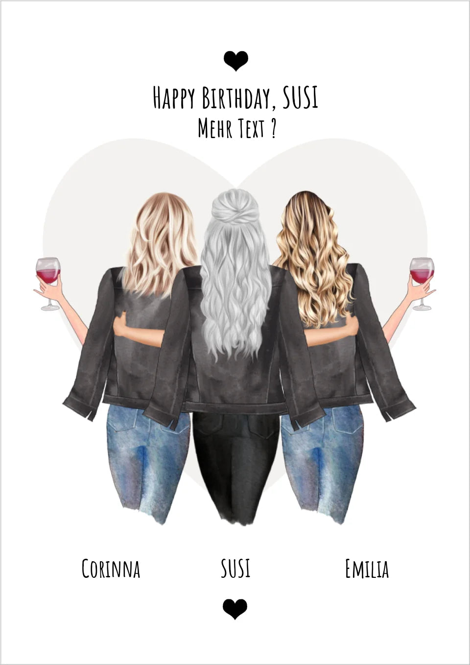 Personalisierte Illustration drei Freundinnen mit Wein, Geschenkidee zum Geburtstag für Freunde