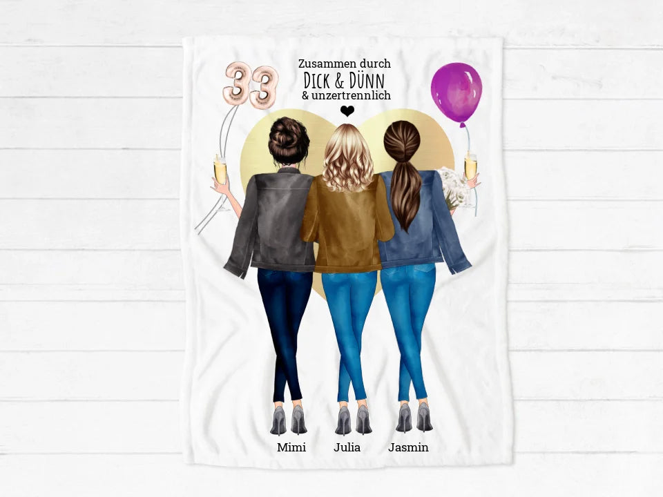 3 Beste Freundinnen Kuschelige Premium Decke personalisiert- Beste Freundin Geburtstagsgeschenk