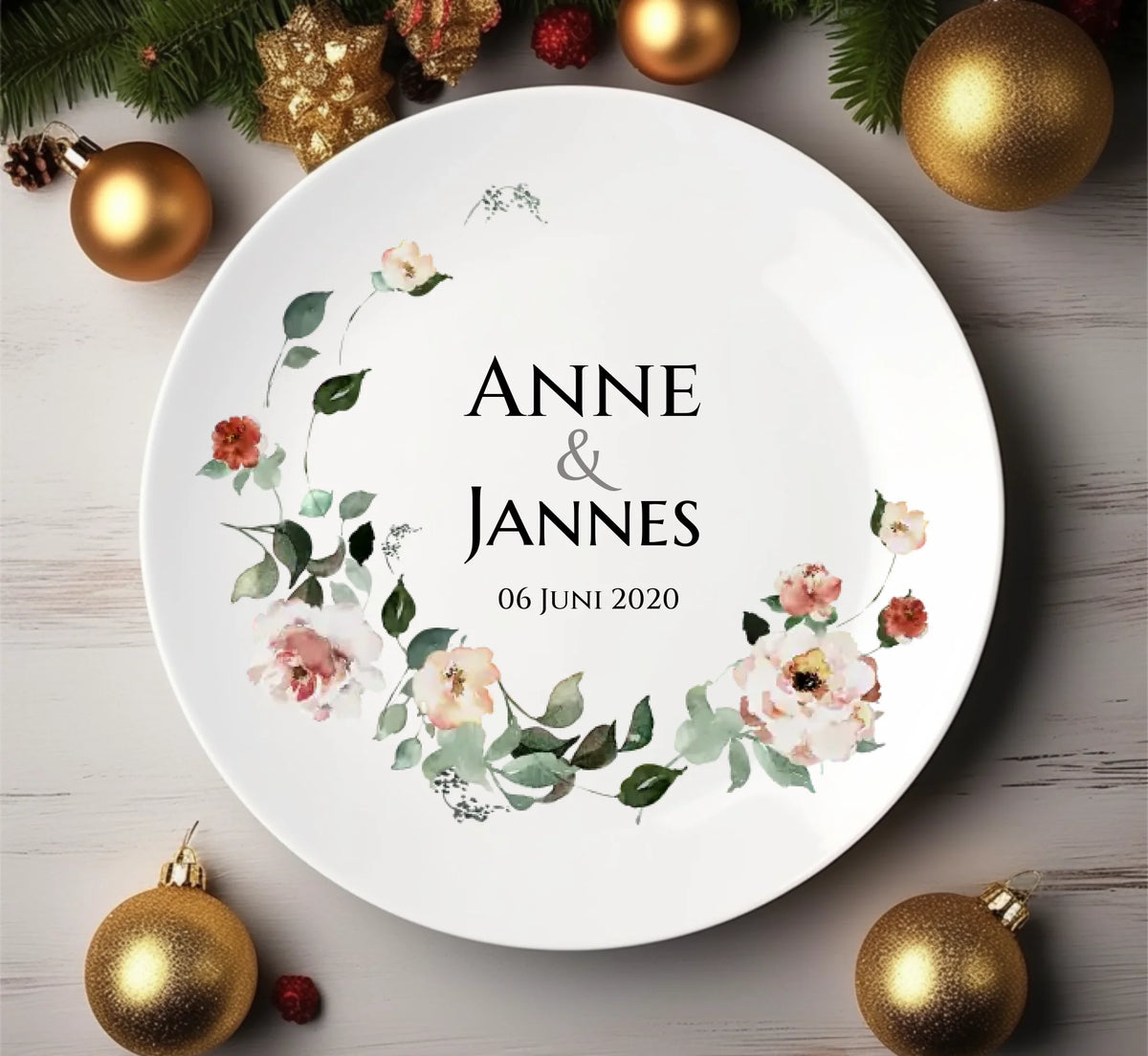 Personalisierter Hochzeitsteller Blumenkranz mit Namen & Datum, Geschenk zur Hochzeit, Geschenk Brautpaar, ideal als Gästeteller