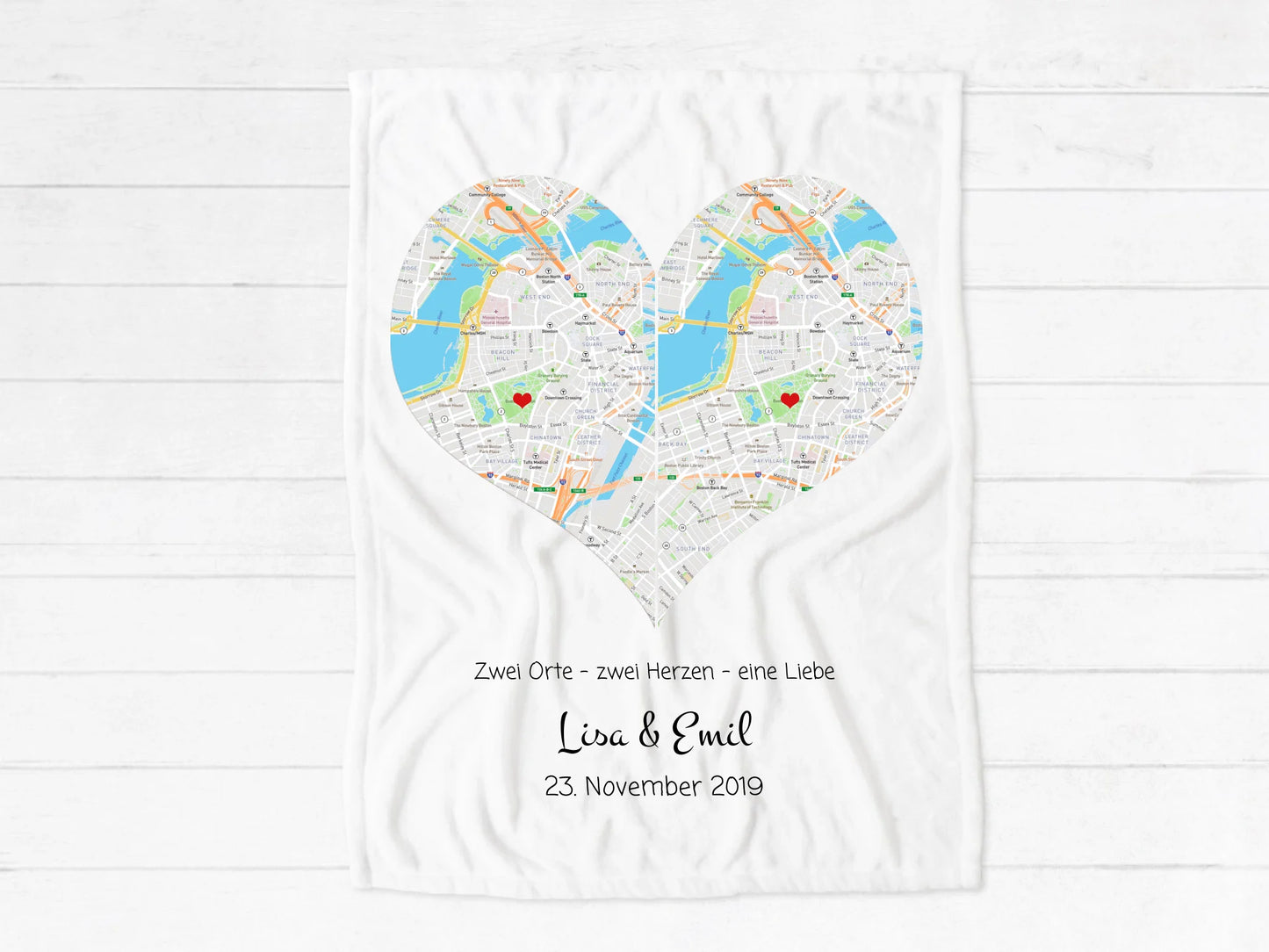 Wo alles begann - Stadtkarte Fleece Decke - 2 Herzen - Hochzeitsgeschenk - Partnergeschenk - Weihnachtsgeschenk