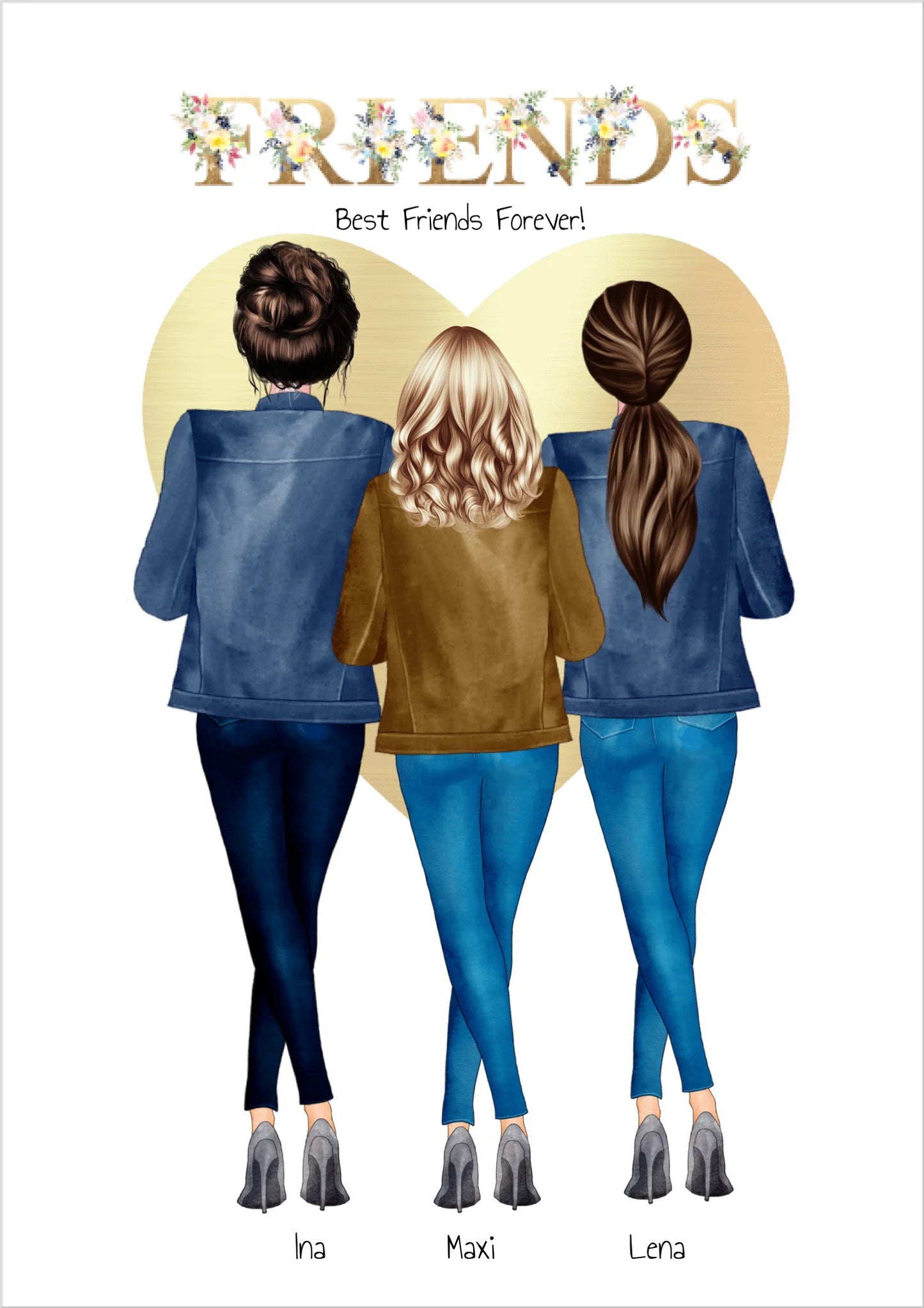 Personalisierte Freundinnen-Illustration, drei Frauen vor goldenem Herz, Geschenkidee