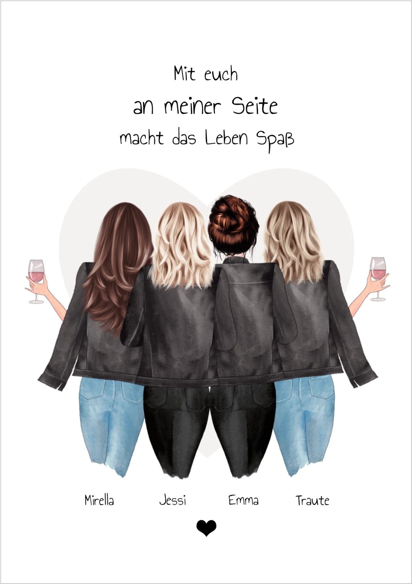 Personalisierte Illustration vier Freundinnen mit Wein, Geschenkidee Freundschaft, Frunds Poster