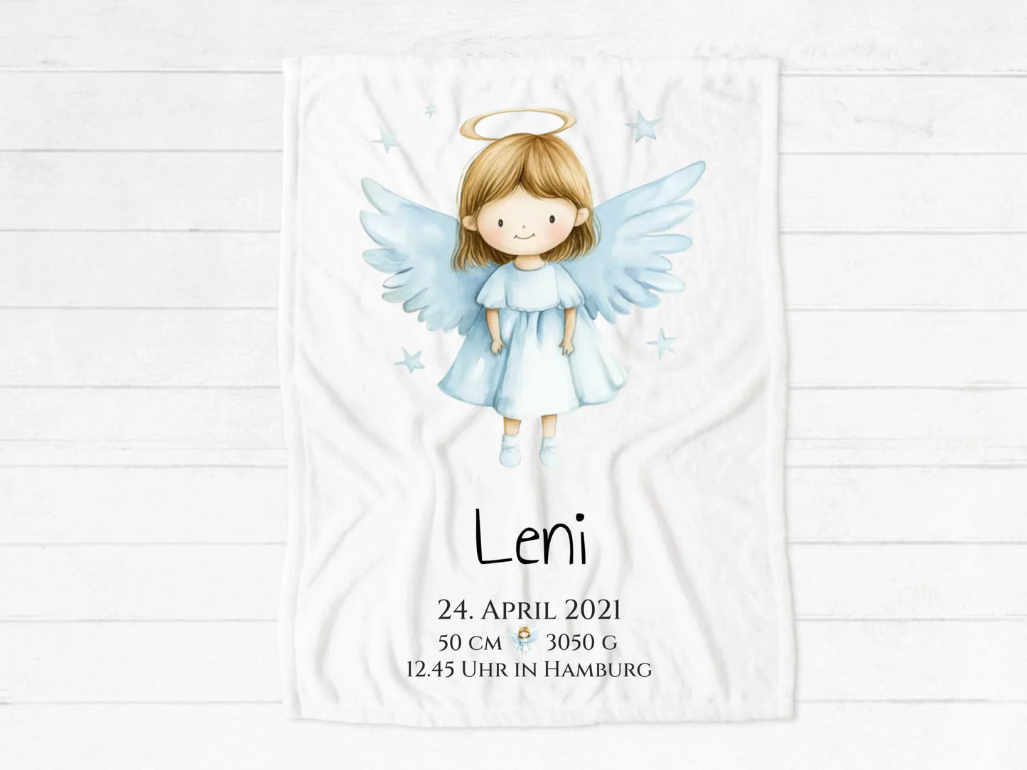 Schutzengel - Personalisiertes Geburtsgeschenk / Taufgeschenk: Decke mit Name und Geburtsdaten