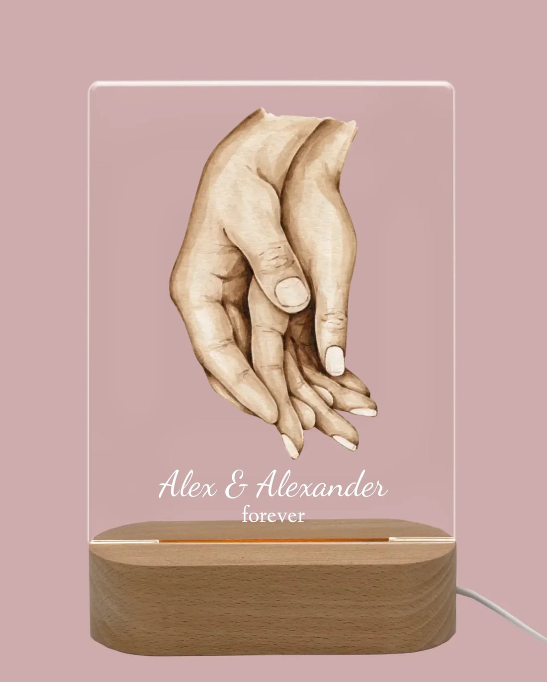 Personalisiertes Nachtlicht mit gemalten Händen, Gravur 'Alex & Alexander forever', Geschenkidee für Freunde