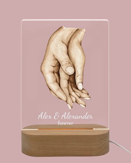Personalisiertes Nachtlicht mit gemalten Händen, Gravur 'Alex & Alexander forever', Geschenkidee für Freunde