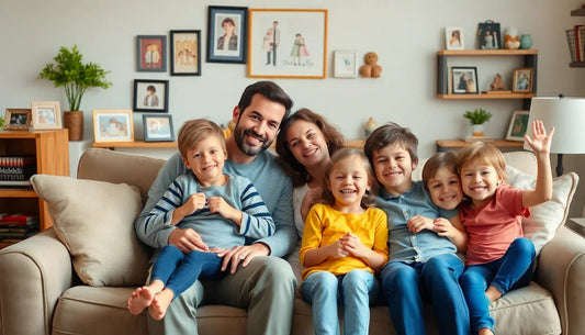 Lächelnde Familie mit Kindern auf Sofa, umgeben von personalisierten Geschenken und Fotos