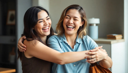 Zwei junge Frauen lachen und umarmen sich, Freundschaft, Geschenkideen für Freunde