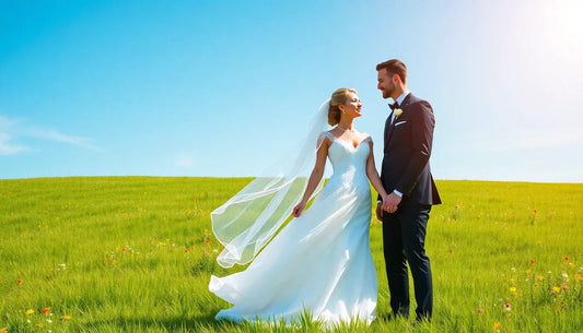 Brautpaar im Hochzeitskleid und Anzug auf einer blühenden Wiese unter blauem Himmel
