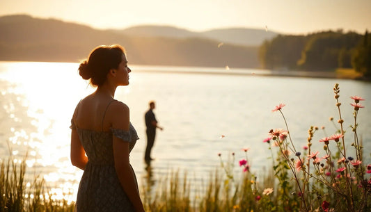 Frau am Seeufer bei Sonnenuntergang, Blumen im Vordergrund, Geschenkideen für Freunde