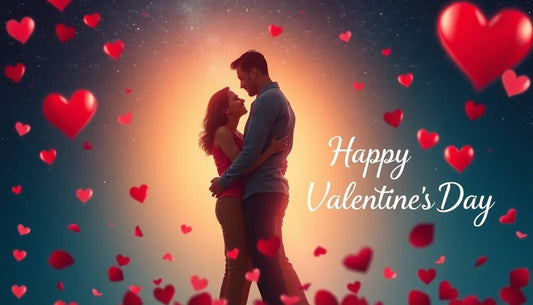 Paar umarmt sich romantisch, umgeben von roten Herzen, Happy Valentine's Day Text, Geschenkideen für Freunde