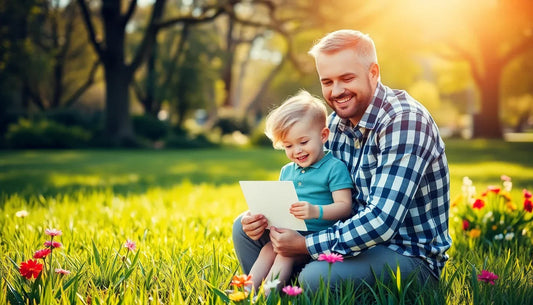Vater und Sohn genießen personalisierte Geschenkidee auf Karte, sitzen lachend im sonnigen Park