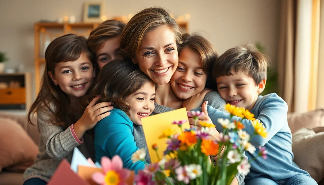 Familie umarmt sich und freut sich über bunte Blumen und Karten, Geschenkideen für Freunde
