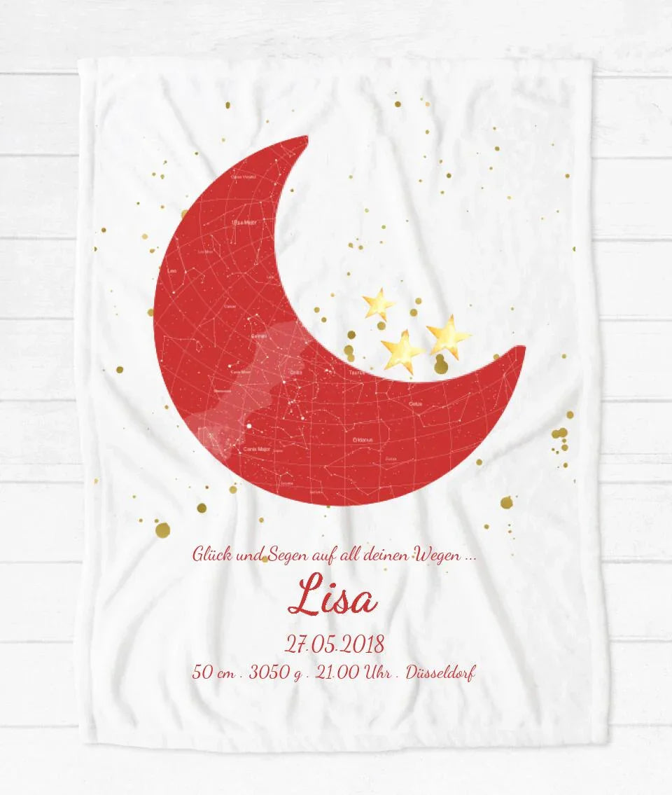Personalisierte Babydecke Mond mit Namen und Geburtsdaten