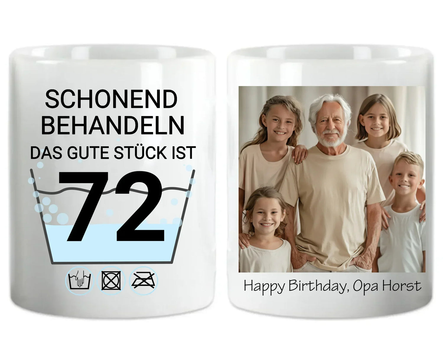 Personalisierte Tasse mit Foto eines Opas und vier Kindern, Aufschrift zum 72. Geburtstag