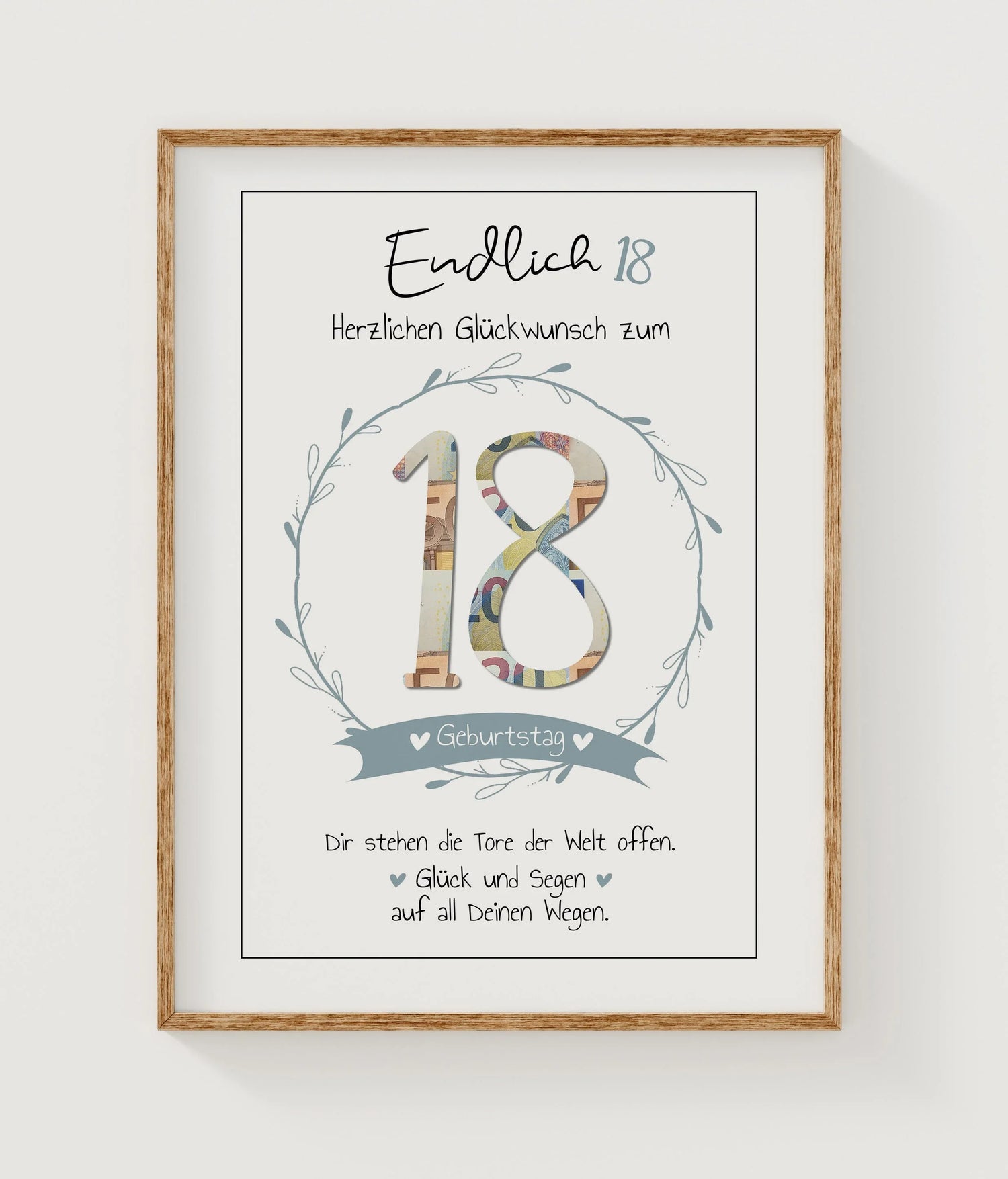 Personalisiertes Poster zum 18. Geburtstag mit buntem Zahlenmotiv und Glückwunschtext im Holzrahmen