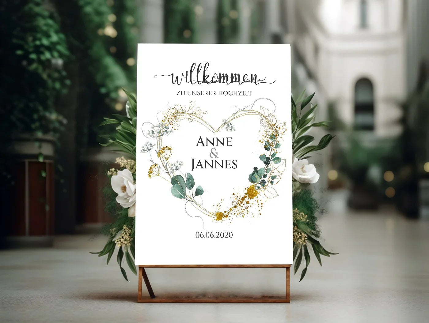 Willkommensschild zur Hochzeit mit Herz-Goldkranz und floraler Dekoration, personalisierbar