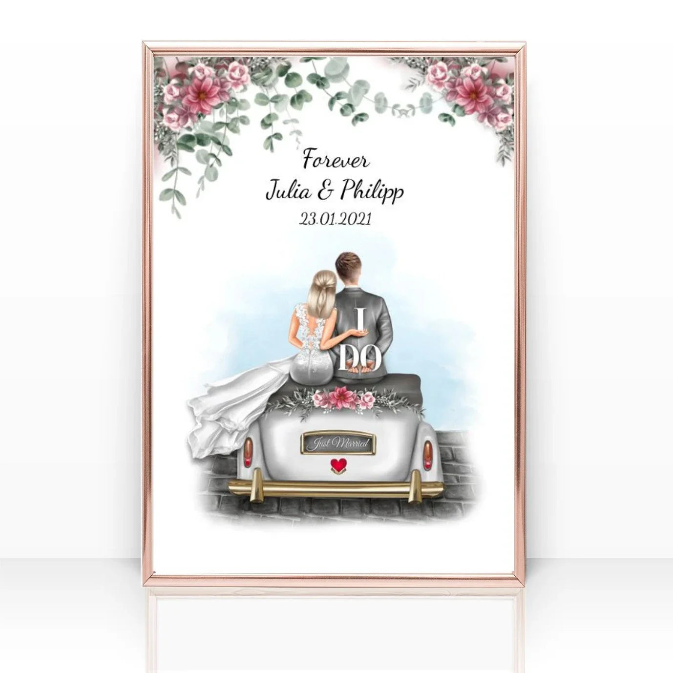 Hochzeitsauto, personalisiertes Hochzeitsgeschenk Poster mit Auto, Namen, Datum und Hochzeitspaar 