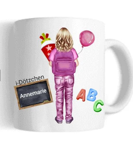 Personalisierte Tasse mit Schulkind, Zuckertüte, Ballon, Namensschild Annemarie, Geschenkidee Einschulung