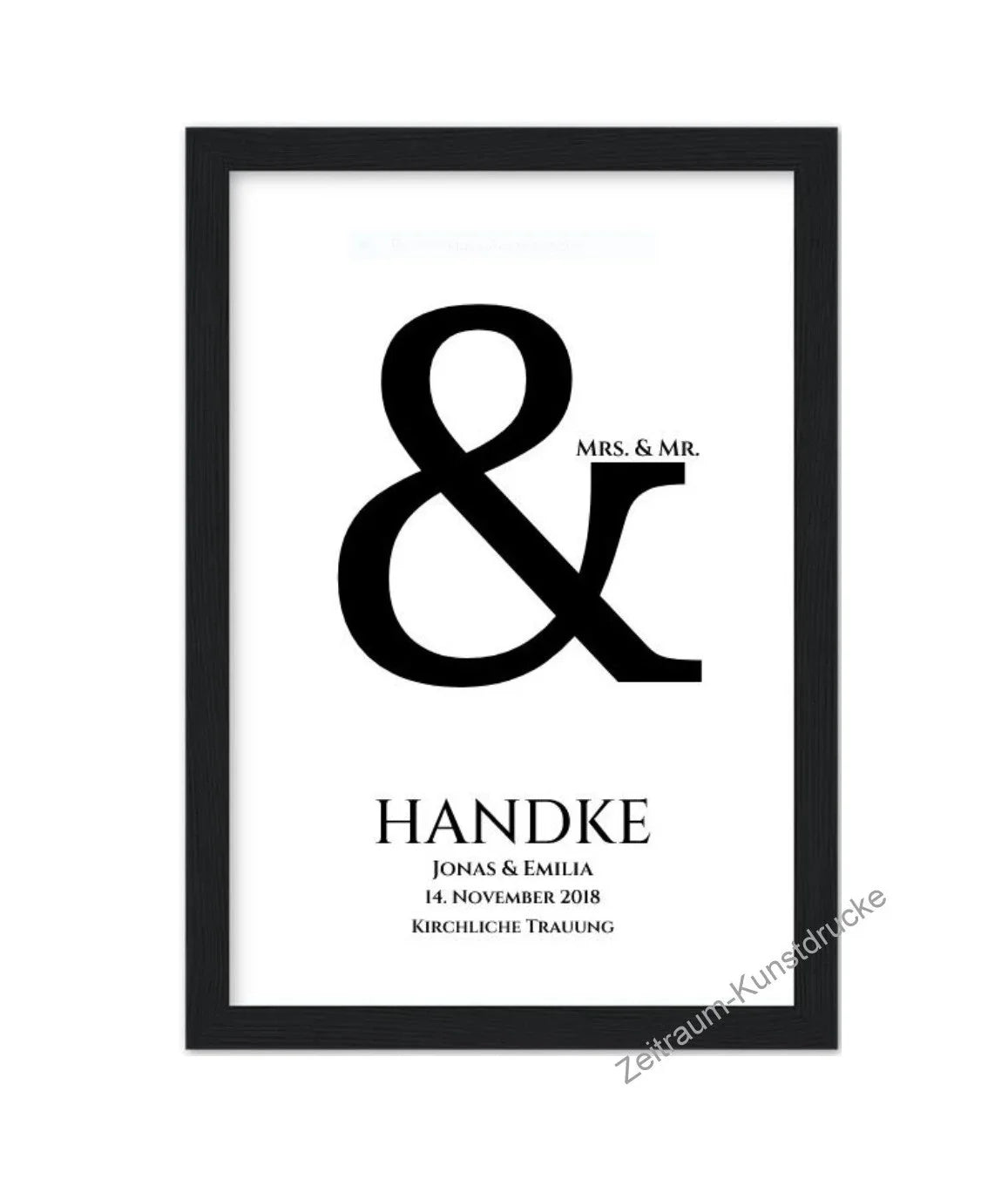 Personalisiertes Hochzeitsgeschenk Poster mit Namen, Datum und &-Zeichen im schwarzen Rahmen