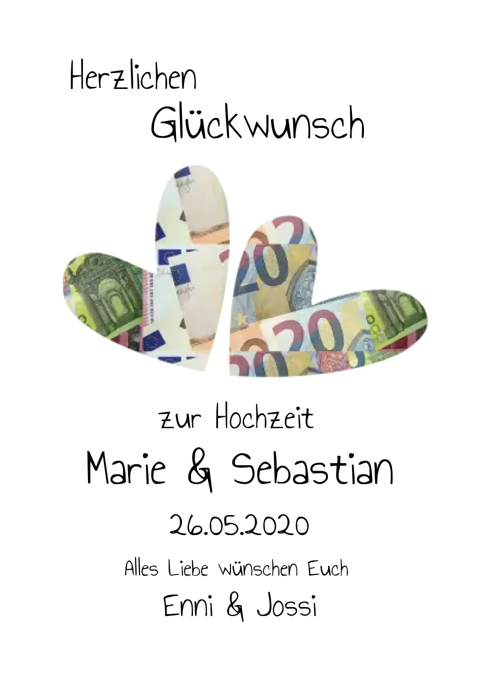 Personalisierte Hochzeitskarte mit Geldschein-Herzen und Glückwünschen für Marie & Sebastian