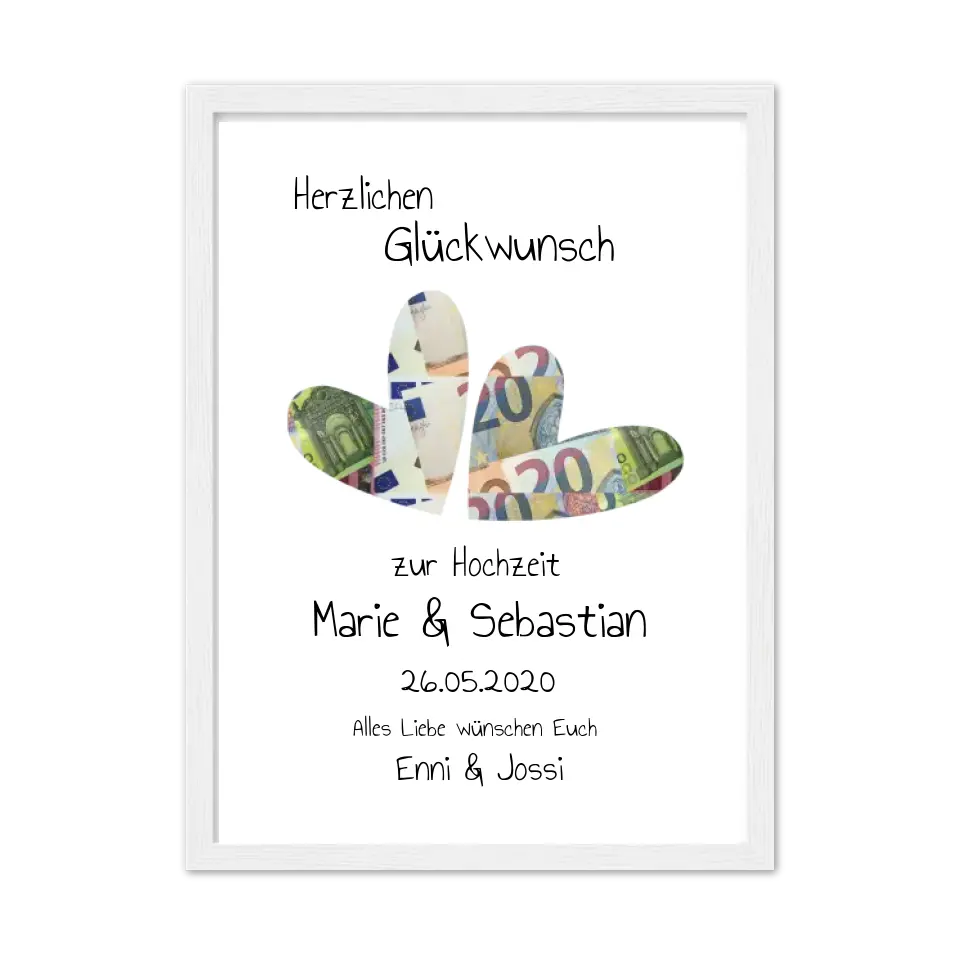 Personalisierte Hochzeitskarte mit Geldschein-Herzen, Geschenkidee für Freunde, FRUNDS