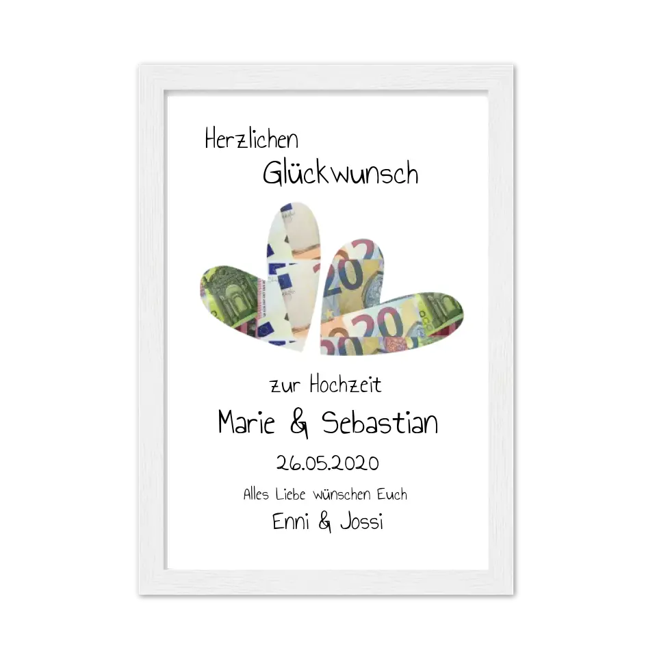 Personalisierte Hochzeitsgeschenkidee im Bilderrahmen mit Geldherzen und Widmung, Geschenk für Freunde