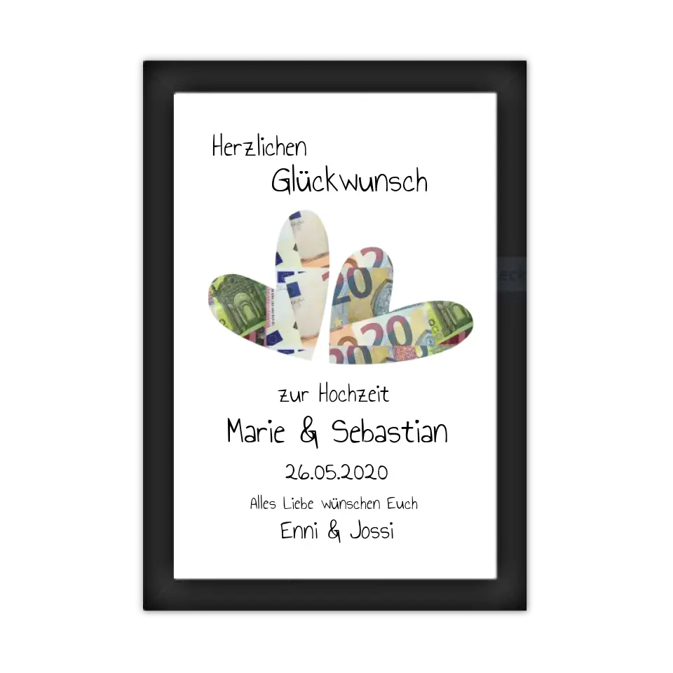 Personalisierte Hochzeitskarte mit Geldschein-Herzen und Glückwunschtext im Bilderrahmen