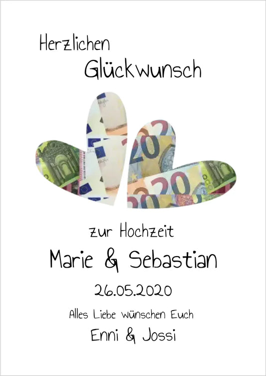 Personalisierte Hochzeitskarte mit Geldherzen und Glückwünschen, Geschenkidee für Freunde