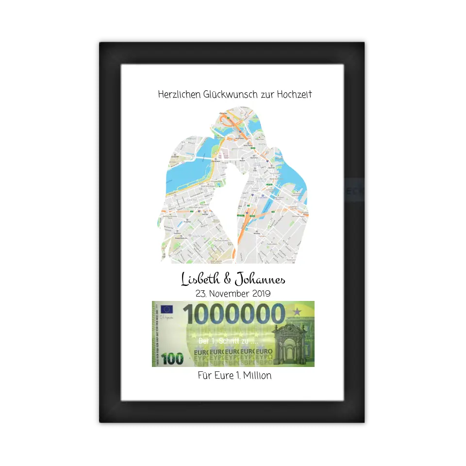 Personalisiertes Hochzeitsgeschenk mit Stadtplan, Geldschein und Namen im Bilderrahmen