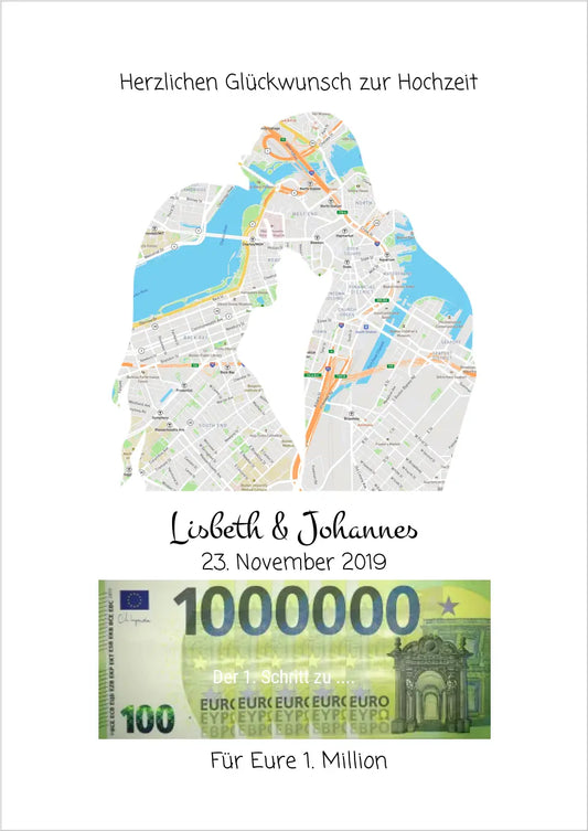 Personalisierte Hochzeitskarte mit Stadtplan-Silhouette eines Paares und lustigem Geldschein, Geschenkidee für Freunde
