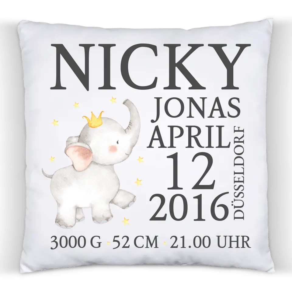 Personalisiertes Geburtsgeschenk & Taufgeschenk ELEFANT- Babykissen mit Namen und Geburtsdaten