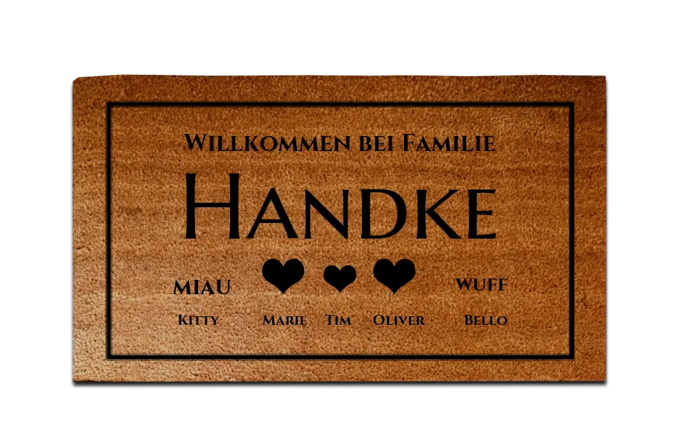 Personalisierte Fußmatte Familie 3 Personen Haushalt mit / ohne Haustiere,  40 x 70 cm, Kokosfaser-Fußmatte gelasert