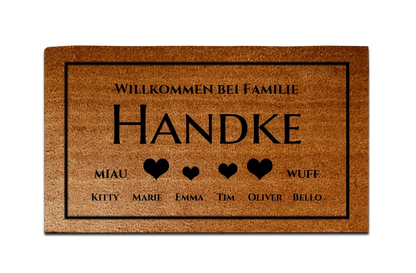 Personalisierte Fußmatte Familie 4 Personen Haushalt mit / ohne Haustiere,  40 x 70 cm, Kokosfaser-Fußmatte gelasert