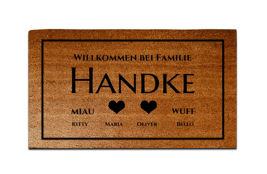 Personalisierte Fußmatte Familie 2 Personen Haushalt mit / ohne Haustiere,  40 x 70 cm, Kokosfaser-Fußmatte gelasert