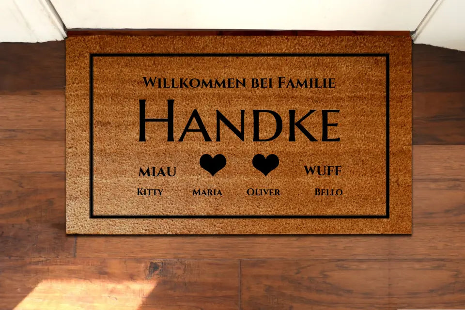 Personalisierte Fußmatte Familie 2 Personen Haushalt mit / ohne Haustiere,  40 x 70 cm, Kokosfaser-Fußmatte gelasert