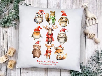Nikolausgeschenk Weihnachtsgeschenk Kinder Deko Kissen personalisiertes Geschenk mit Waldtieren Namen und Wunschtext