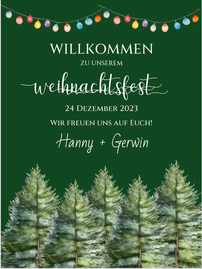 Weihnachtsschild Willkommen mit Tannenbäumen | Weihnachtsposter | Willkommensschild Weihnachten | Einladung Weihnachten | Weihnachten Einladung
