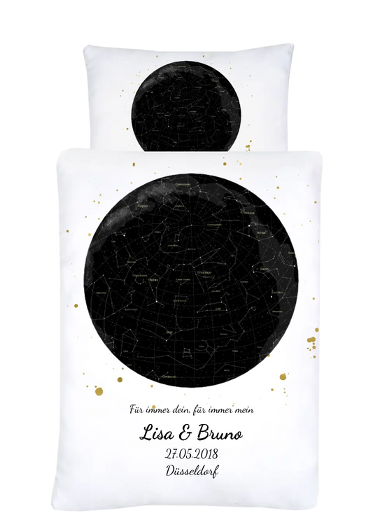 Hochzeitsgeschenk Just Married | Personalisierter Bettbezug Kreis | Geschenk zur Hochzeit, Valentin, Liebe im Sternkarte/Sternenhimmel Design
