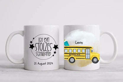 Schulkind 2024 | Kindertasse Geschenk zur Einschulung Tasse Schulbus personalisiert | Einschulungsgeschenk