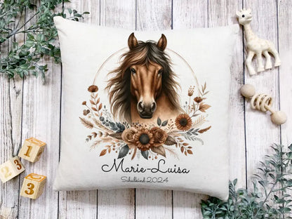 Schulanfang Kindertasse Schulkind oder  Geburtstagsgeschenk - Emaille Kinderbecher Pferd Einschulung mit Namen