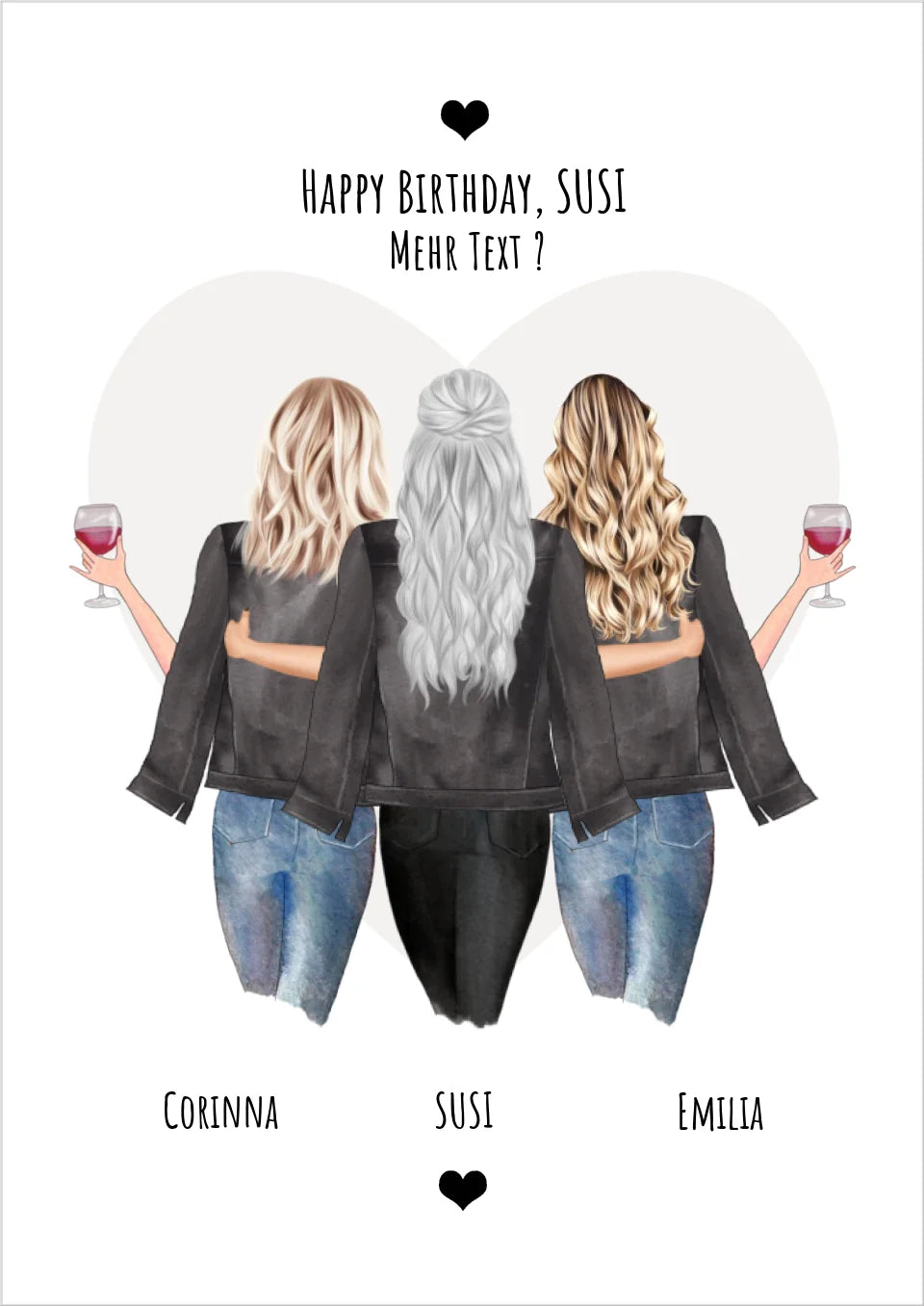 Personalisierte Freundinnen Illustration als Geschenk, drei Frauen von hinten, Text Happy Birthday Susi, moderne Geschenkidee