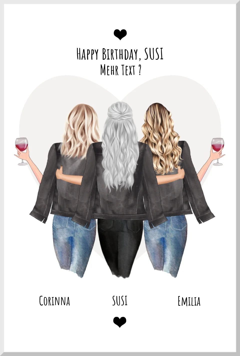 Personalisiertes Geschenk-Poster mit drei Freundinnen von hinten, Namen und Weingläser, Geburtstag