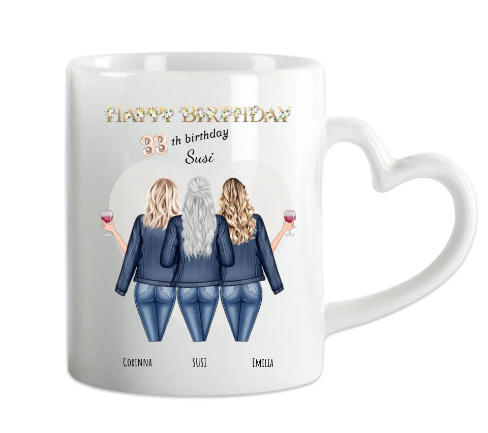 Geschenk Personalisierte Tasse zum 33. Geburtstag Geschenk für Freundin / Frau - 3 Freundinnen mit Name